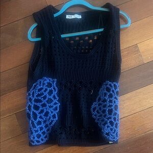 Zara Black Crochet Tank with Blue Details